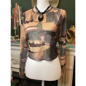 Willow + Root Mesh Top Medium Abstract Watercolor Long Sleeve Crop NWT